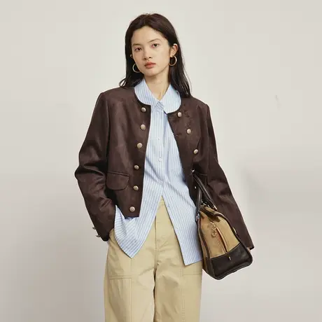 omont蛋挞家 复古小香风麂皮短外套女秋冬新款圆领夹克上衣商品大图