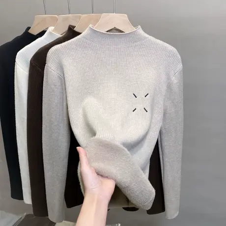 一体绒半高领毛衣女加厚加绒打底衫2023秋冬新款针织衫内搭上衣潮商品大图