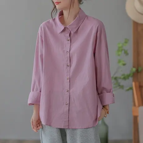 dza 复古纯色苎麻上衣女士长袖衬衫春秋新款宽松显瘦上衣棉麻衬衣图片