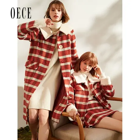 Oece秋冬新款 英伦复古格纹大翻领长款羊毛呢大衣外套商品大图