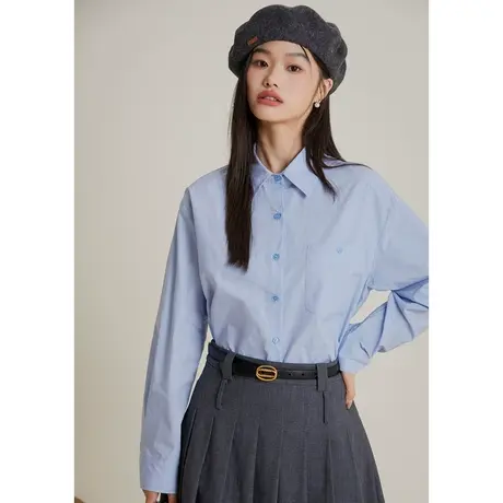 弥古蓝色纯棉衬衫女上衣高级感长袖宽松叠穿打底内搭多巴胺衬衣商品大图