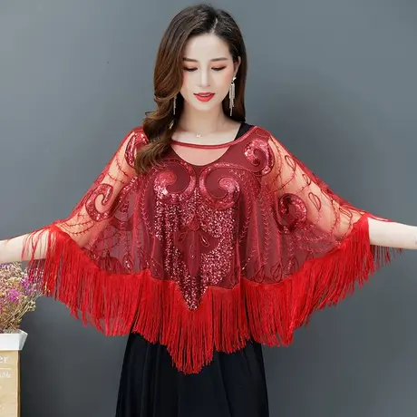 民族风斗篷披肩外套女短款流苏网纱亮片披肩上衣夏季女式罩衫外搭图片