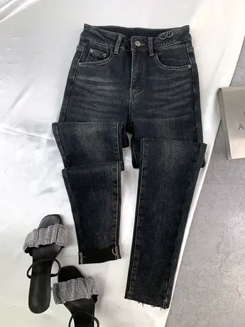 磨白做旧复古加绒牛仔小脚裤2023冬季显瘦百搭高腰弹力九分包臀裤商品大图