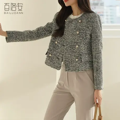 百洛安法式小香风粗花呢短外套女春装新款气质圆领双排扣长袖上衣图片