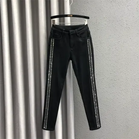 欧货加厚铅笔裤女23秋季新款黑色重工烫钻设计感高腰百搭牛仔长裤图片