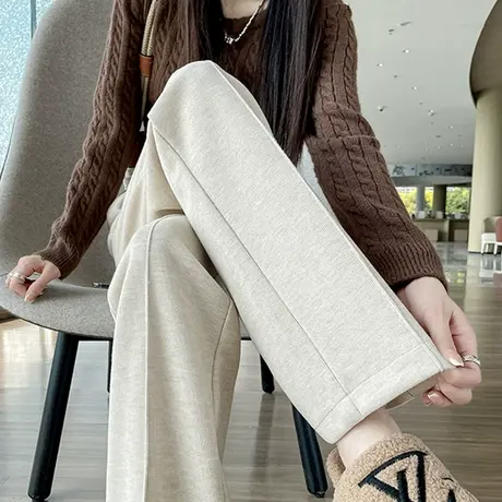 杏色仿羊绒休闲裤女2023年秋冬新款松紧高腰宽松垂感软糯阔腿裤子图片