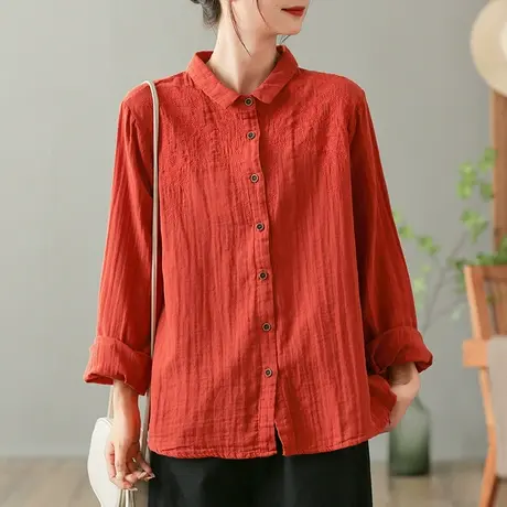 dza 复古纯棉翻领刺绣长袖衬衣春秋新款宽松显瘦上衣白色女士衬衫图片