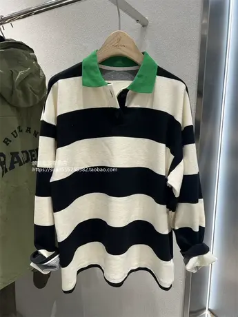 欧货2023春秋新款polo领条纹上衣女韩版慵懒风外穿软糯系长袖T恤图片