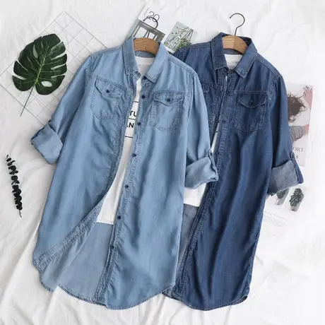 2020春季新款简约复古上衣韩版宽松显瘦长袖百搭牛仔衬衫女中长款图片