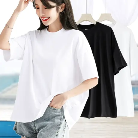 小高领t恤女纯棉短袖夏季黑色上衣宽松半袖2024年新款体恤设计感商品大图