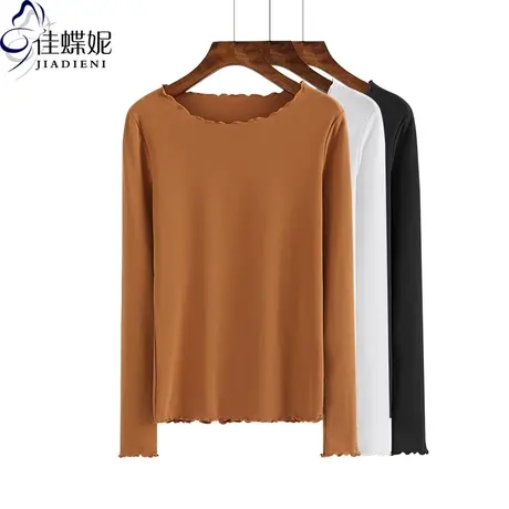 春秋韩版圆领纯棉长袖体恤打底衫女加绒百搭荷叶边基础款内搭上衣图片
