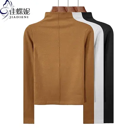 秋冬新款半高领修身显瘦短款纯欲纯棉纯色长袖体恤上衣女打底衫商品大图