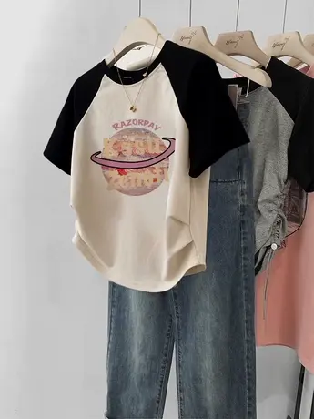 大码女装夏季新款2023插肩袖短袖上衣复古设计感ins潮短款正肩T恤商品大图