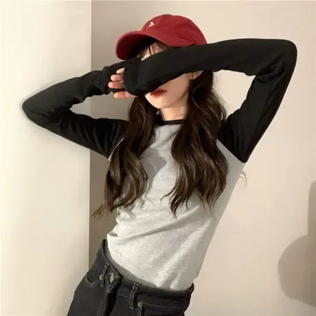 撞色插肩长袖t恤女2024早春秋冬季新款拼接内搭短款打底衫上衣女图片