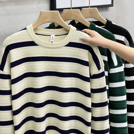 条纹针织衫外套男士秋冬季2023新款日系宽松撞色拼接潮流男士毛衣商品大图