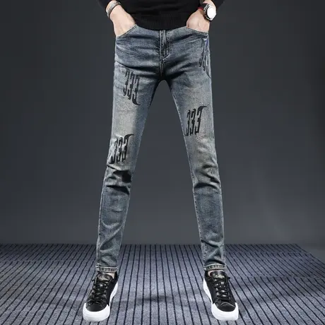 秋冬款复古蓝印花牛仔裤男修身小脚2023新款高端弹力男士裤子痞帅商品大图