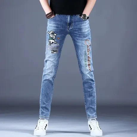 兔年刺绣牛仔裤男款修身小脚裤子男士秋冬季新款休闲男裤弹力高端商品大图
