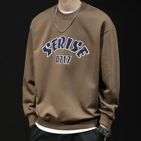 复古圆领加绒卫衣男秋冬潮牌重磅宽松大码2023新款上衣长袖春秋款商品大图