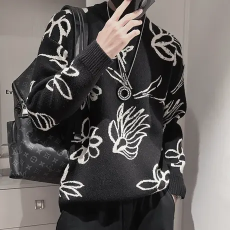 设计感针织打底衫男叶子提花毛衣冬季2023新款加厚内搭线衣ins潮商品大图