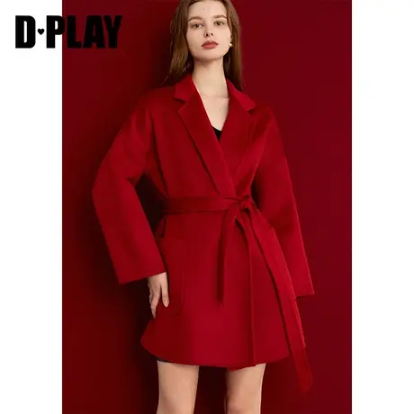 DPLAY冬季复古红翻驳领水波纹短款宽松双面毛呢大衣商品大图