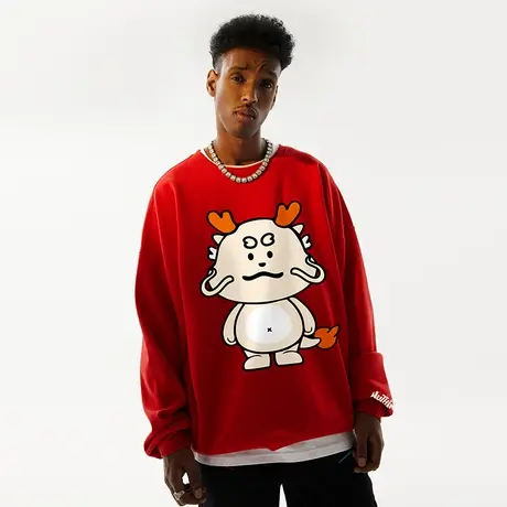 宽松国潮龙年本命年红色圆领卫衣男潮春秋款加绒加厚新年上衣男款图片