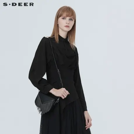 sdeer圣迪奥简约通勤翻领条纹拼接长袖舒适黑色衬衫女S20360510图片