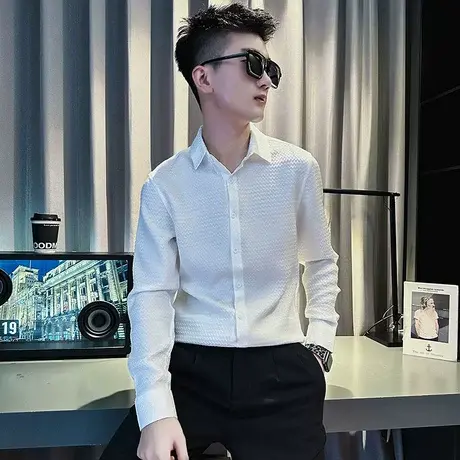 长袖衬衫男韩版2023年春秋季新品潮流纯色条纹休闲衬衣高级感上衣商品大图
