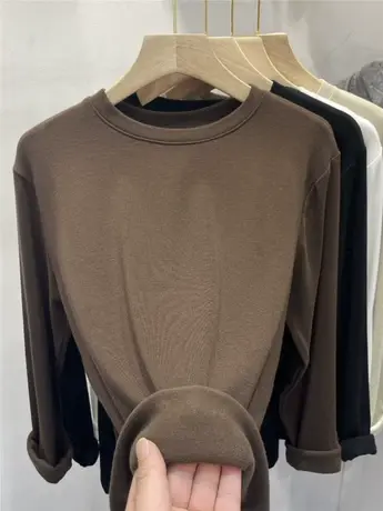 纯色百搭加薄绒长袖圆领T恤女2024秋冬新款柔软时尚打底衫上衣潮商品大图