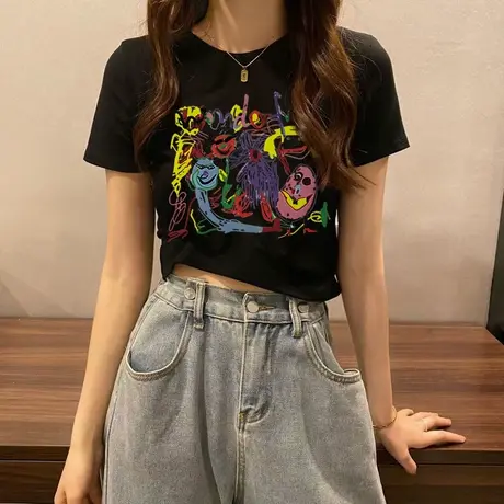 个性涂鸦印花T恤女装夏季ins潮流港风修身短款设计感小众短袖上衣商品大图