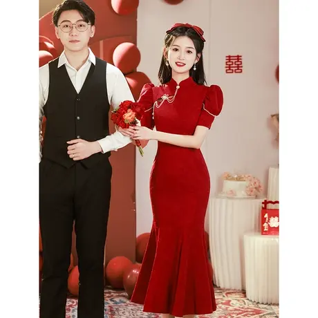 鱼尾旗袍敬酒服2023新款新娘修身高级感法式订婚礼服女夏季酒红色商品大图