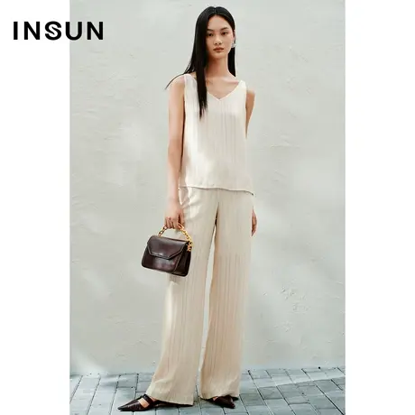 INSUN恩裳气质铜氨丝三醋酸垂坠竖条纹直筒裤商品大图