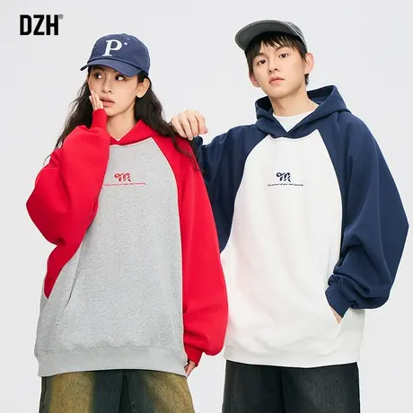 情侣插肩袖连帽卫衣男美式重磅春季2024年新款学生拼色上衣情侣装商品大图