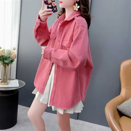 粉色流苏牛仔衬衫外套女春季2024年新款宽松设计感百搭休闲上衣潮商品大图