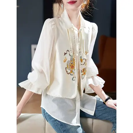 宝诗黎新中式假两件刺绣衬衫2024春季新款气质设计感喇叭袖衬衣女商品大图