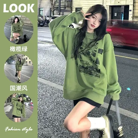 潮牌无帽卫衣女秋冬季加绒设计感小众宽松慵懒风美式复古圆领上衣商品大图