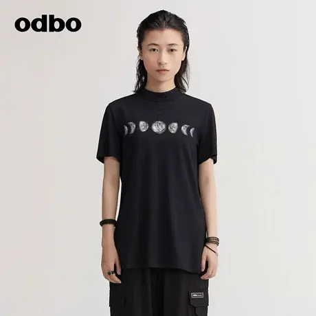 odbo/欧迪比欧原创设计主题印花立领t恤女早秋2023年新款简约上衣图片