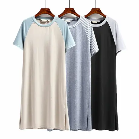 男士睡裙夏季一体式长款棉质宽松圆领短袖薄款撞色长裙休闲睡衣男商品大图