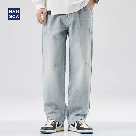 hansca牛仔裤男宽松直筒春季美式复古潮流百搭痞帅休闲大码长裤子商品大图