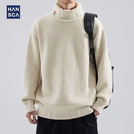 hansca美式复古高领菠萝纹毛衣男士冬季纯色重磅宽松高级感针织衫商品大图