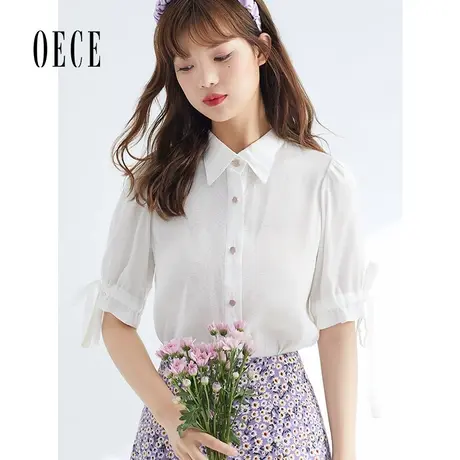 Oece春夏装新款女装梦幻法式甜美减龄泡泡袖系带白色雪纺上衣商品大图