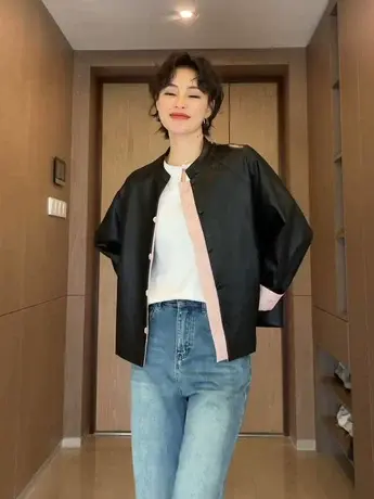 新中式皮衣外套女春秋2024新款国风小众设计粉色提花短款pu皮夹克图片