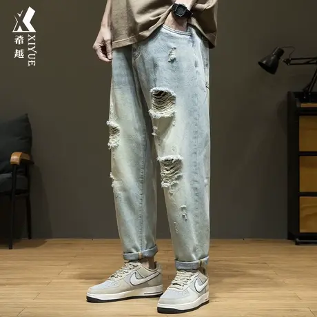 希越破洞萝卜牛仔裤男士美式高街复古休闲直筒九分长裤子2024春季商品大图