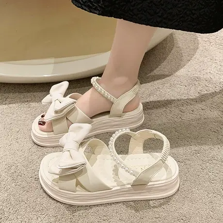 凉鞋女2024夏季新款仙女风配裙子宽脚胖mm孕妇松紧带脚浮肿沙滩鞋商品大图