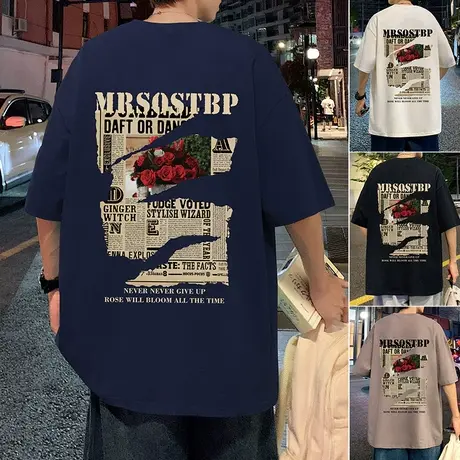 美式玫瑰花纯棉短袖t恤男ins潮流夏季宽松oversize复古半袖上衣服商品大图