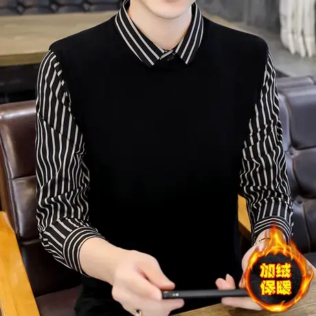 加绒加厚针织衫男士秋冬季长袖保暖打底衫假两件衬衫领时尚毛衣潮商品大图