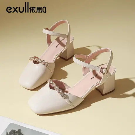 依思q包头凉鞋女夏季2024年新款法式粗跟高跟鞋仙女风一字带单鞋商品大图