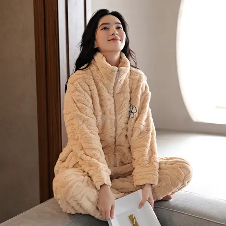 婷美冬季保暖珊瑚绒睡衣女立领加绒加厚长毛绒新款套装家居服大码商品大图