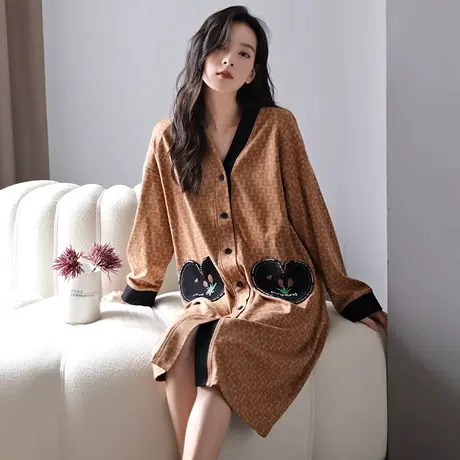 婷美纯棉睡衣女春秋季长袖开衫睡裙女士中长款连衣裙秋冬天家居服图片