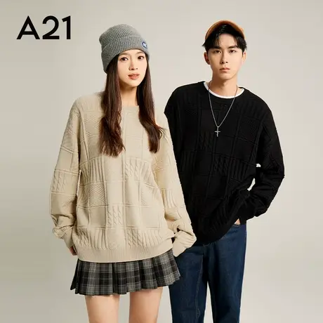 A21男装抗起球毛衫宽松圆领毛衣秋冬季情侣装男士针织衫男款上衣商品大图