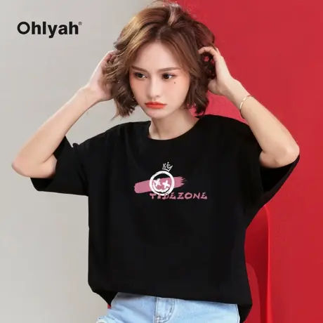 Ohlyah新款宽松纯棉笑脸短袖T恤女学生情侣学生装定制20201夏上衣图片